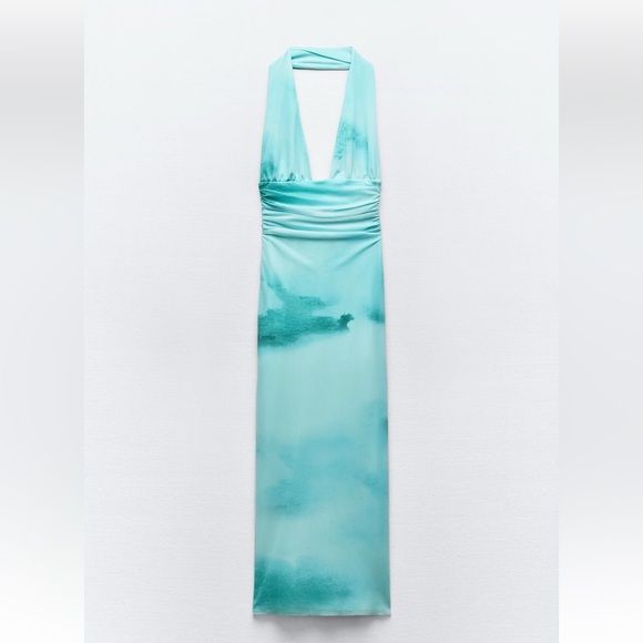 ZARA NEW WOMAN SS24 GREENS PRINTED TULLE HALTER DRESS - Picture 14 of 15